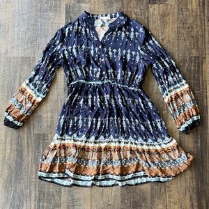 Elegant Navy and Orange Patterned Dress